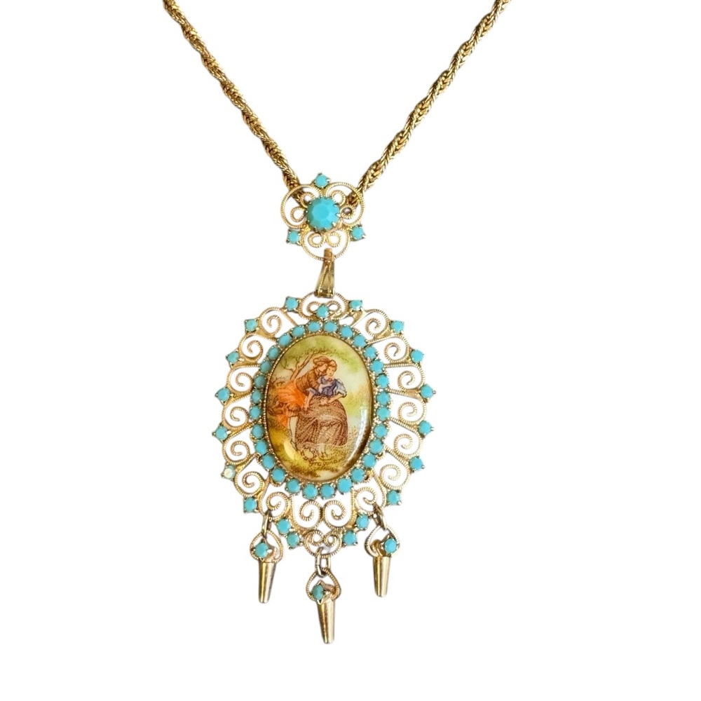 Juliana‎ D&E Necklace Book Piece Courting Couple Transfer Cabochon Turquoise Vtg
